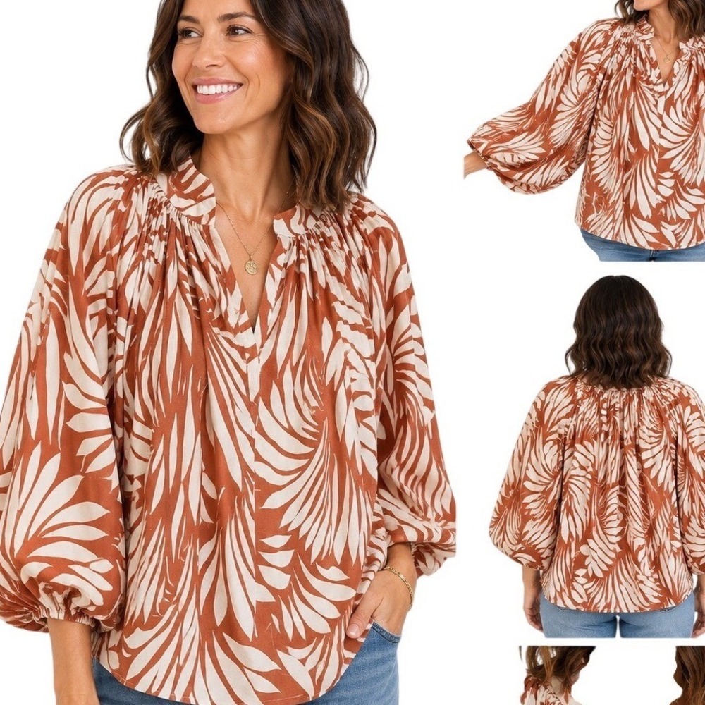 Terracotta White XL V-Neck Palm Leaf Print‎ Balloon Sleeve Blouse Top Floral